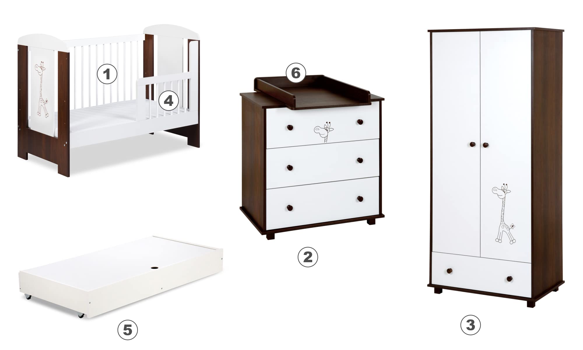 Safari Giraffe Weißes Möbel Set für EIN Kinderbett Kommode Kleiderschrank Kommode Auflage Minimalistischer Stil Holz MDF-Platte Kiefernholz Universal-Set
