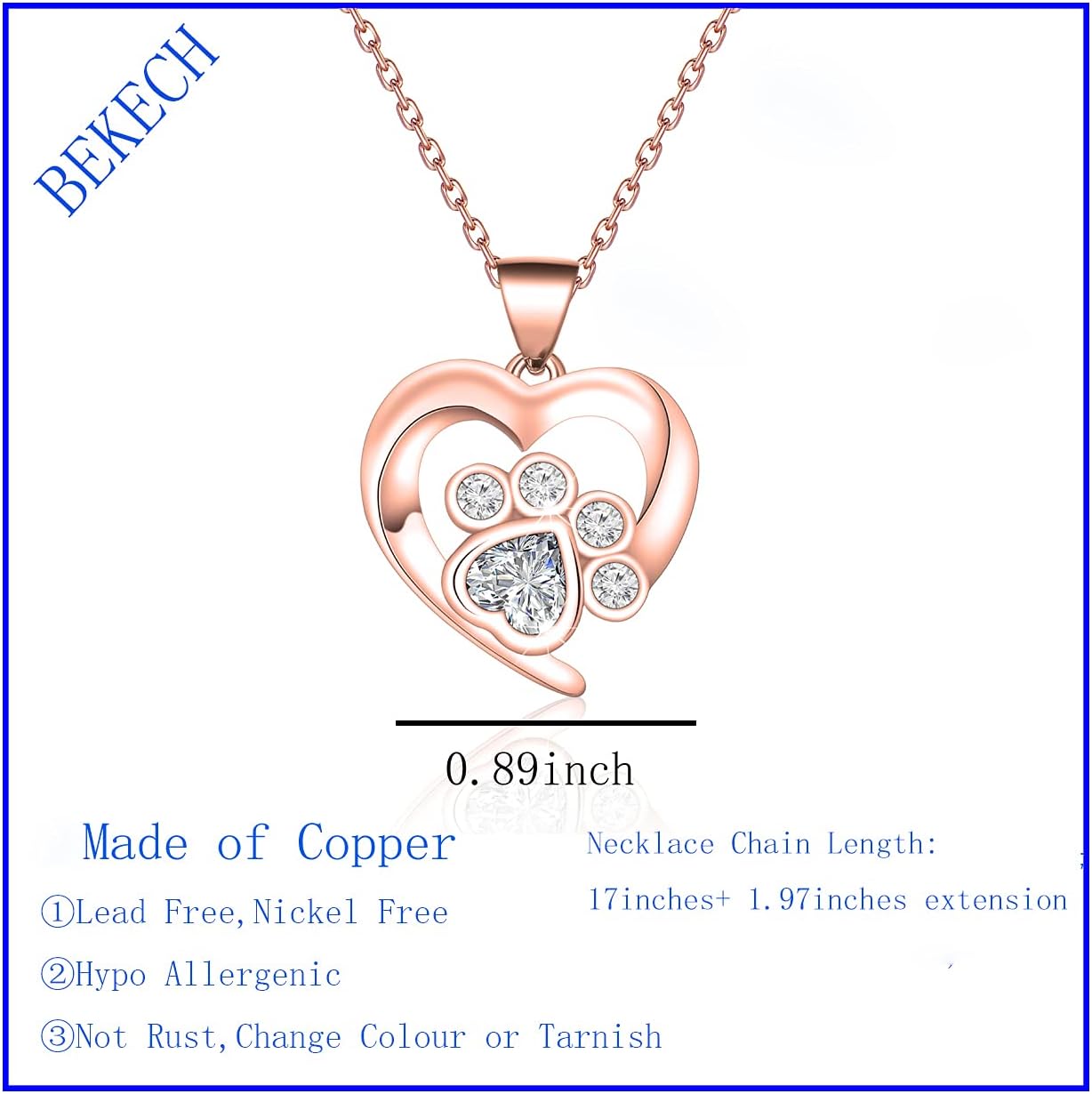 BEKECH Pet Lover Gifts Paw Print Necklace Cubic Zirconia Puppy Dog Cat Pet Paw Print Love Heart Pendant Necklace for Women - Image 2