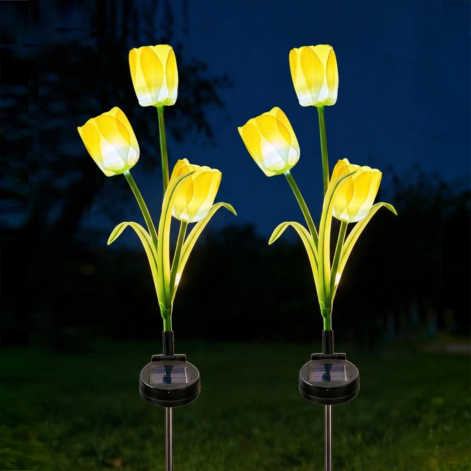 AVEKI Solar Garden Lights Outdoor, 2 Pack Solar Power Tulip Stake Lights, Outside Waterproof Artificial Flowers Lamp for Yard Patio Lawn Pathway Walkway Landscape Decor, Gift for Mom (Yellow)