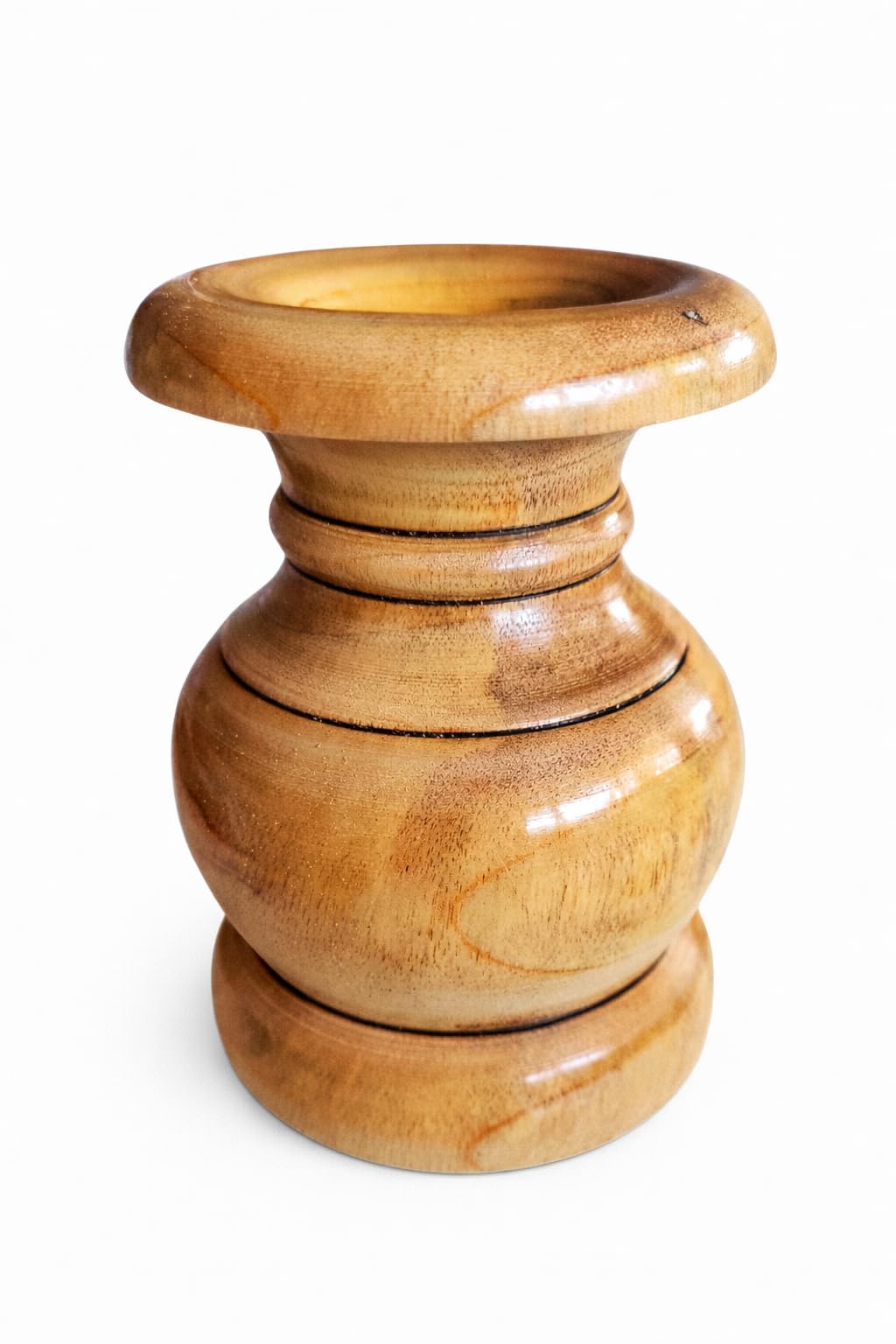 Handcrafted Wooden Flower Vase, Solid Wood, Natural Brown, Glossy Finish, 14 cm Height, 9 cm Diameter, Traditional Design, Decorative Table Top Accent for Home and Office-image-4