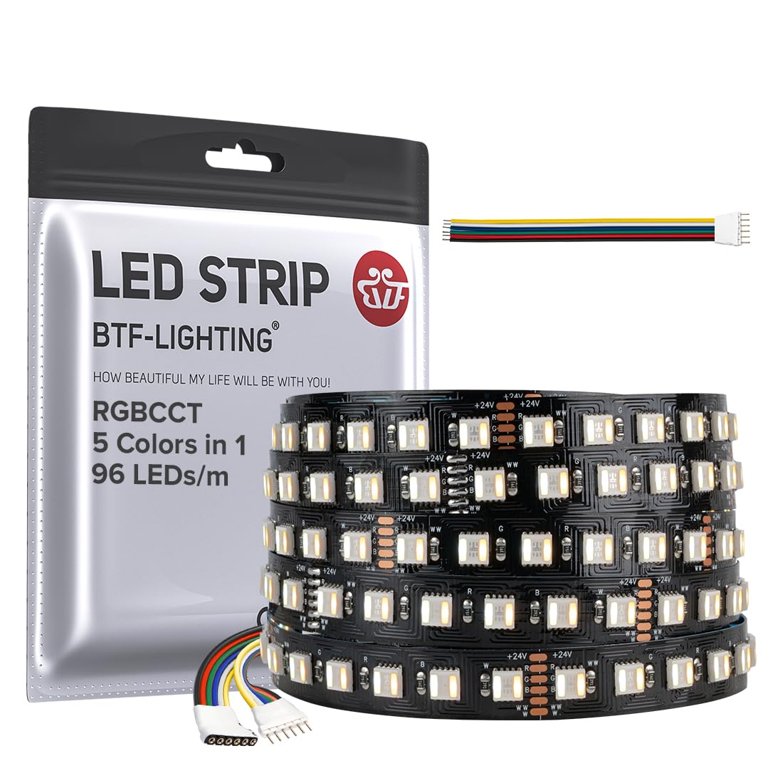 BTF-LIGHTING RGBCCT 5 kolorów w 1 5050SMD taśma LED DC24 V 5 m 96 LED/m 480 diod LED RGB + ciepła biel + zimna biel czarna PCB IP30, niewodoszczelna, do dekoracji wnętrz (kontroler i zasilacz nie