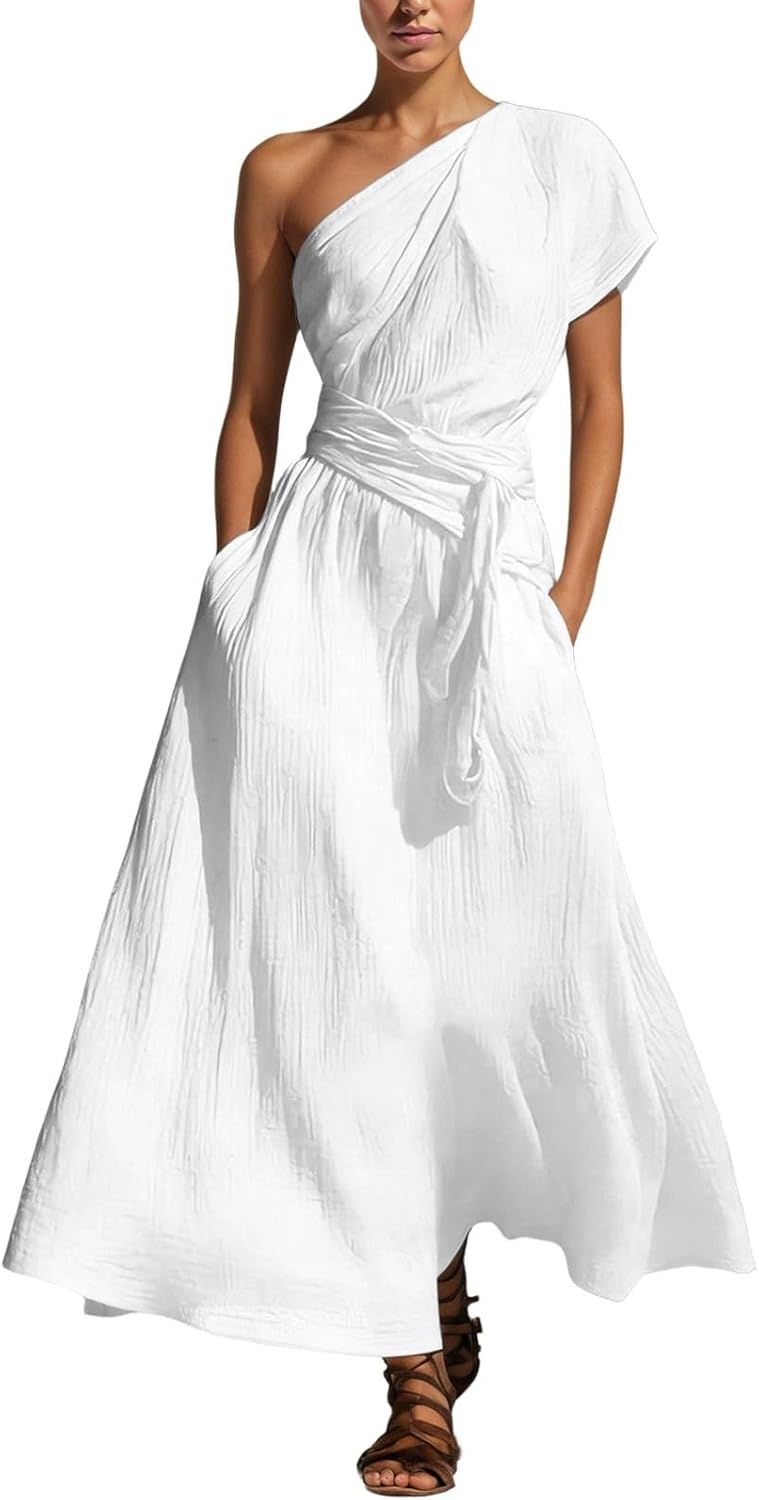 Long Sundresses for Womens Summer Shoulder Neckline Ruffle Maxi Dress Waist Tie Flowy Casual Formal Dress Beach