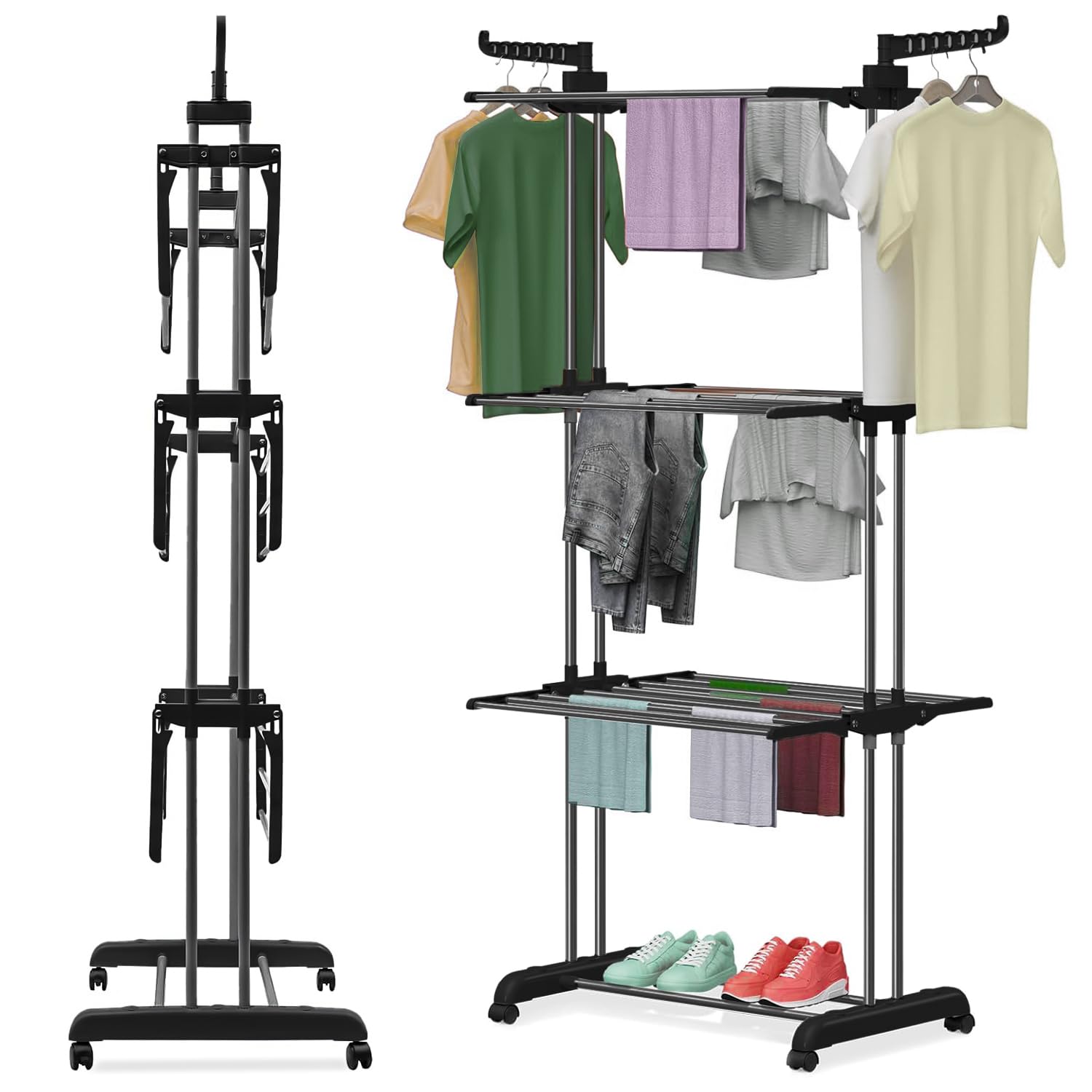 4 Tier Clothes Airer - Foldable Clothes Drying Rack Indoor & Outdoor - Moveable Cloth Drying Rack Laundry with Wheels - 74 X 49 X 170cm Adjustable Stainless Steal Airer Dryer Rack