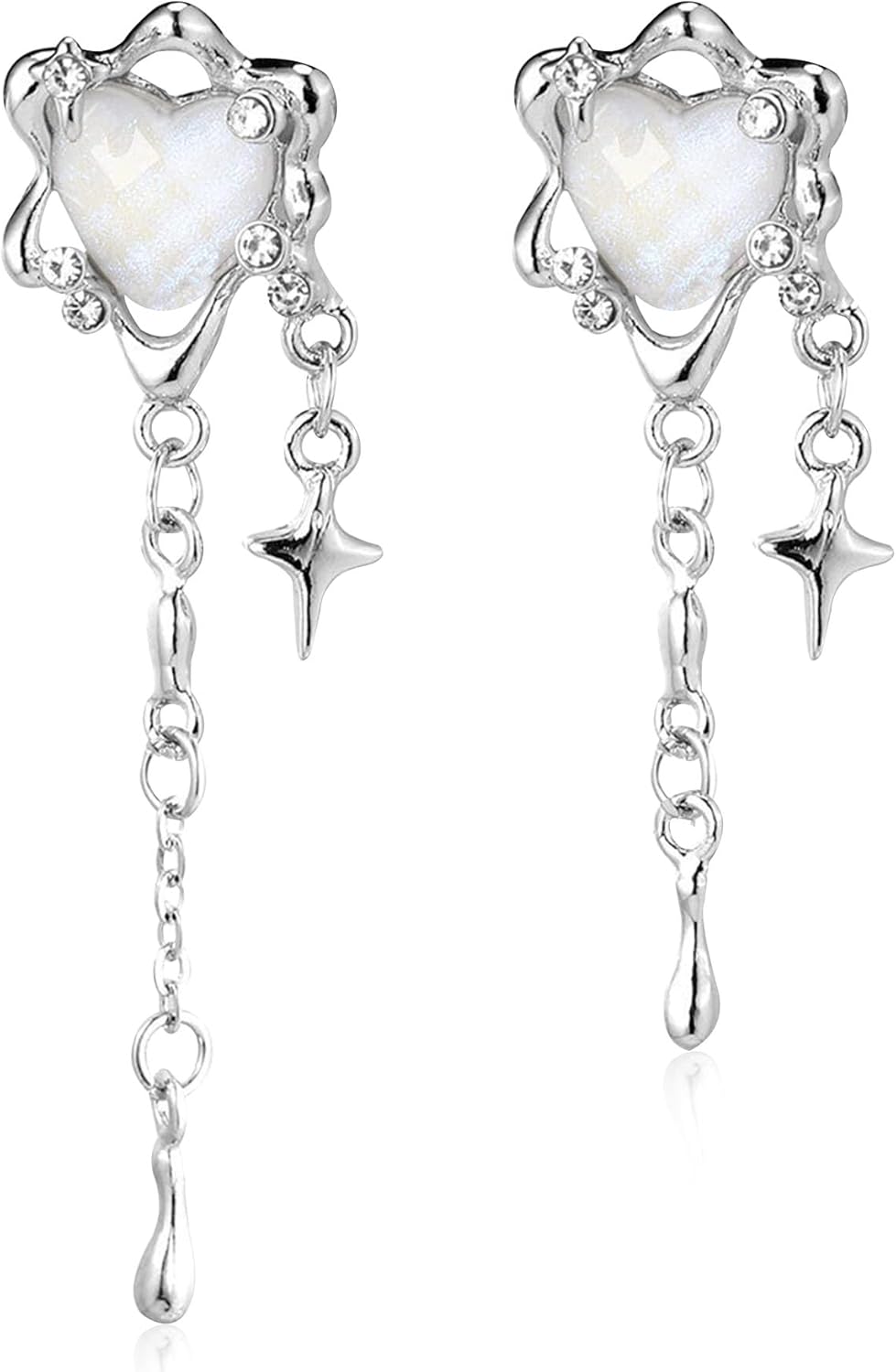 Silver Moonstone Heart Stainless Steel Earrings for Women Star Tassel Dangle Earrings Jewelry Gifts