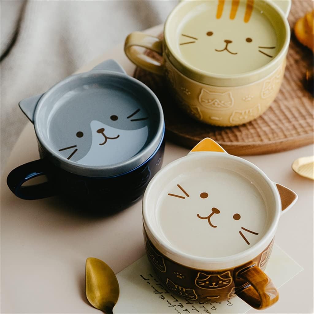Ceramic Cartoon Cat Mug Cute Breakfast Milk Coffee With Lid Couple Cup(D)
