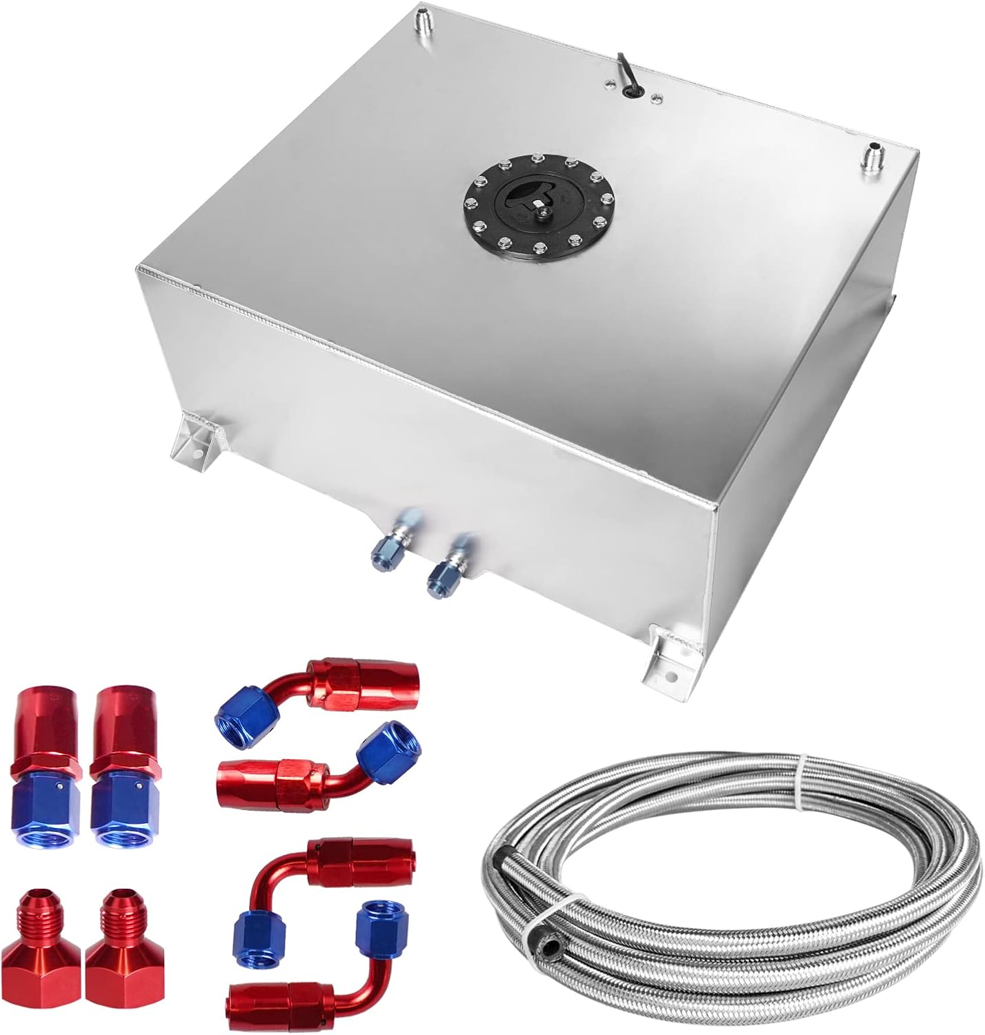 Universal 20 Gallon 80L Fuel Cell Tank Polished Aluminum Silver with Cap/Level Sender/12FT Oil Feed Line