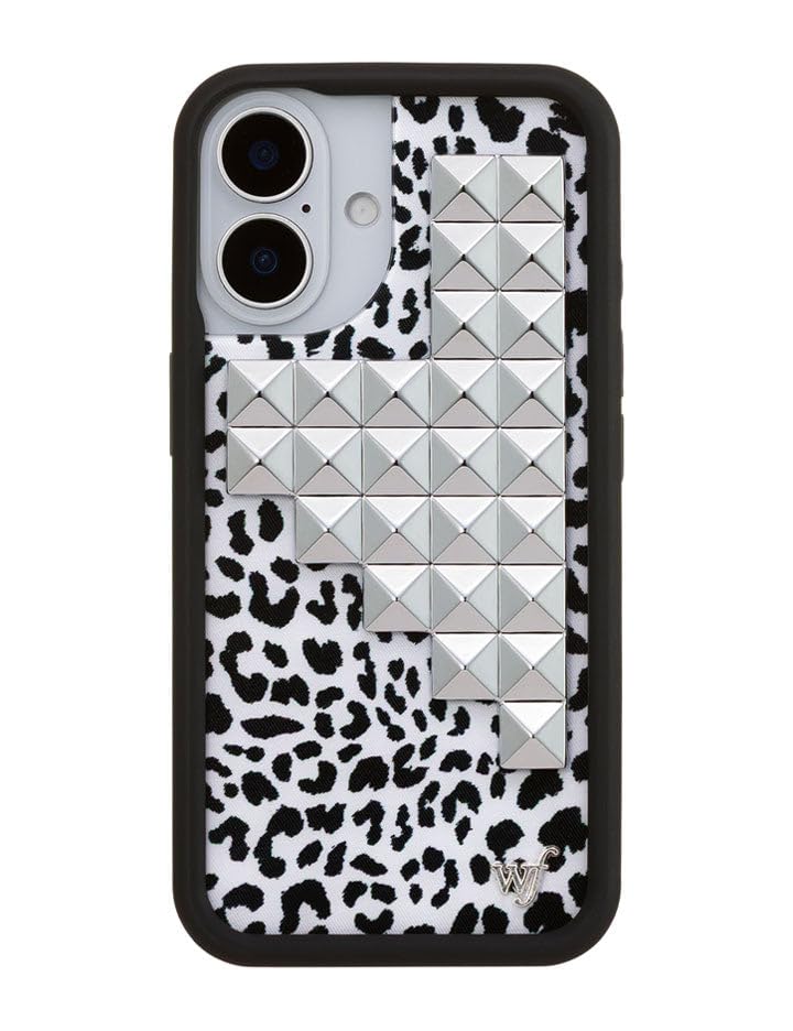 Image of Wildflower Cases - Compatible with iPhone 16 | Protective Black Bumper, 4ft Drop Certified, Women Owned Small Business | White Leopard Original Silver | Stud Pyramid Collection - Snow Meow
