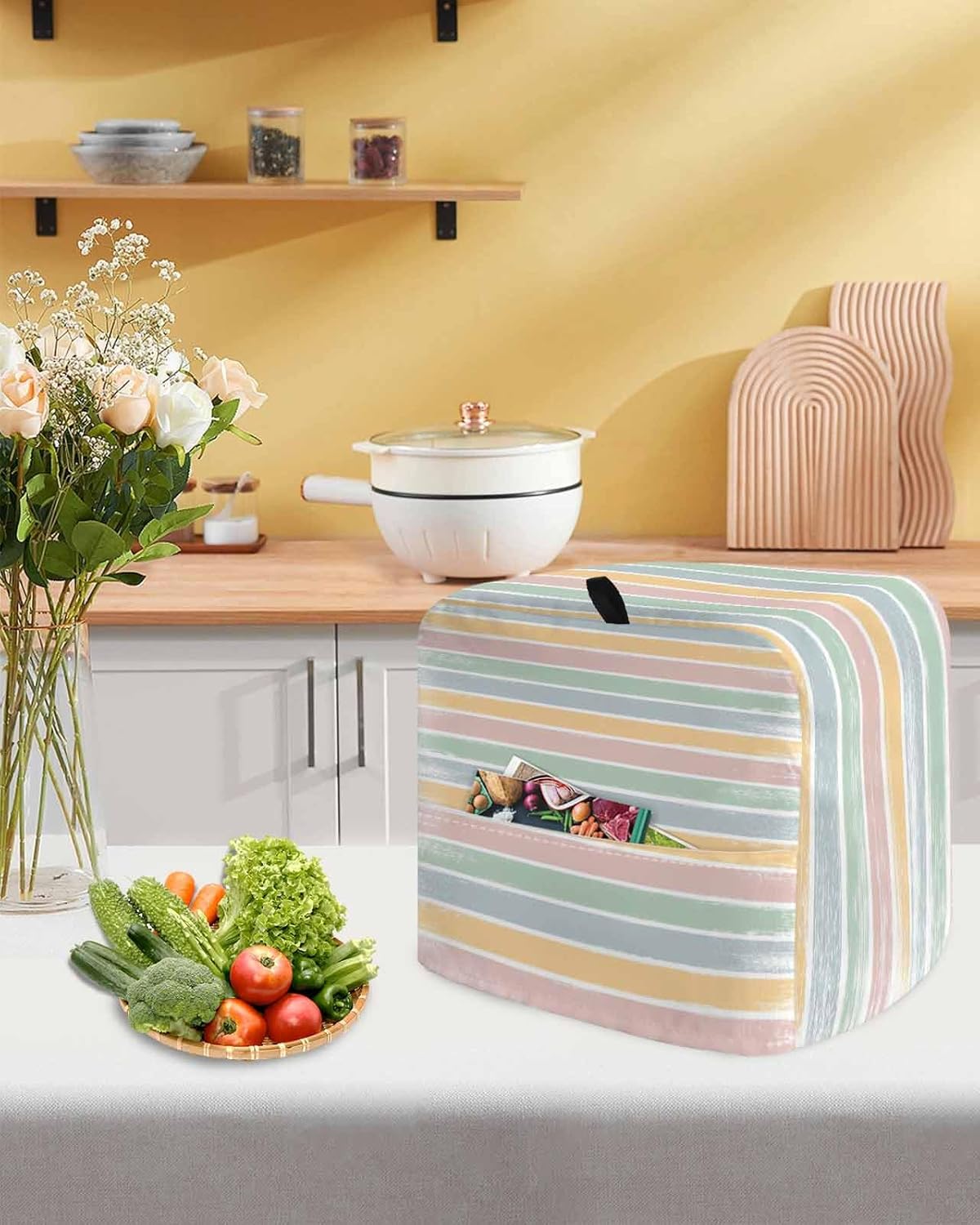 Sage Green Pink Blue Stand Mixer Cover with Storage Pocket, Waterproof Kitchen Mixer Covers, Shabby Colorful Abstract Striped Kitchen Appliance Dust Cover Compatible with 6-9 Quart Mixers