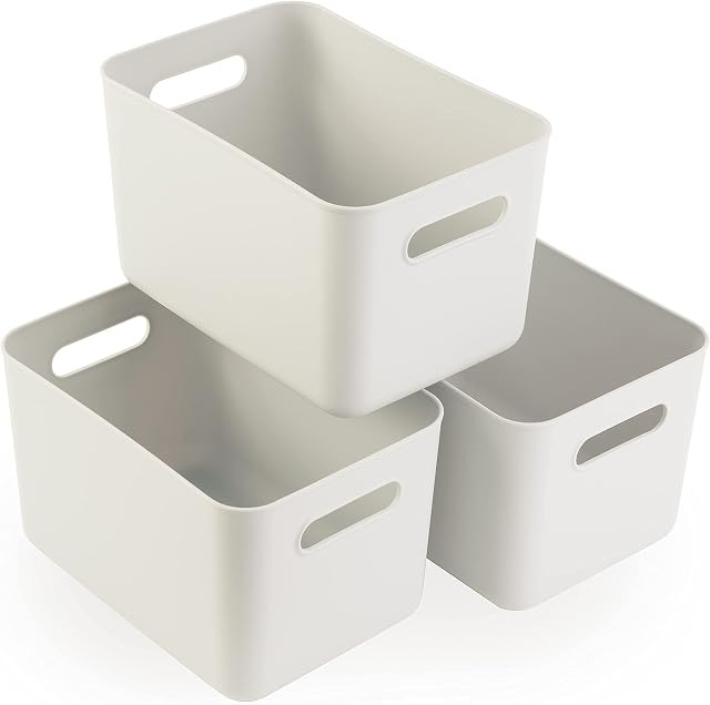 Laffair® Plastic Storage Boxes - Set of 3 Plastic Baskets for Bathroom Storage, Kitchen Storage and Office Storage - Sleek Modern Design Storage Box for Home Storage and Organisation (Ivory)