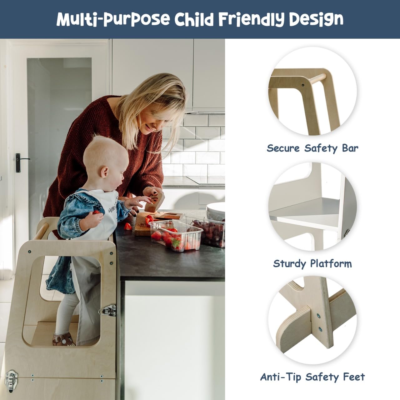 Convertible 2-in-1 Kids Kitchen Stool & Table/Chair, 1-6 Years Wooden Standing Tower with Safety Feet, Montessori Kitchen Step Stool, (Coated)