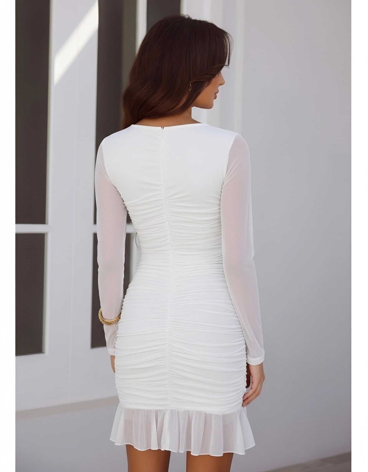 firfig Minivestido sexy fruncido entallado para mujer, de malla, manga larga, dobladillo con volantes, para club, cóctel, fiesta, vestido corto