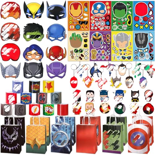 Chukua 72Pcs Cartoon Theme Party Favors, Anime Party Bag Fillers for Kids Boys Girls, Birthday Party Supplies with Mask, Gift Bag, Stickers, Slap Bracelet, Keychains, Shoe Charms