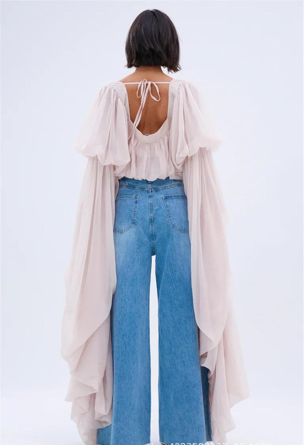 Bubble Crop Top for Women Trendy Square Neck Chiffon Ruffled Puff Sleeve Weekends Vacation Going Out Tops - Image 5