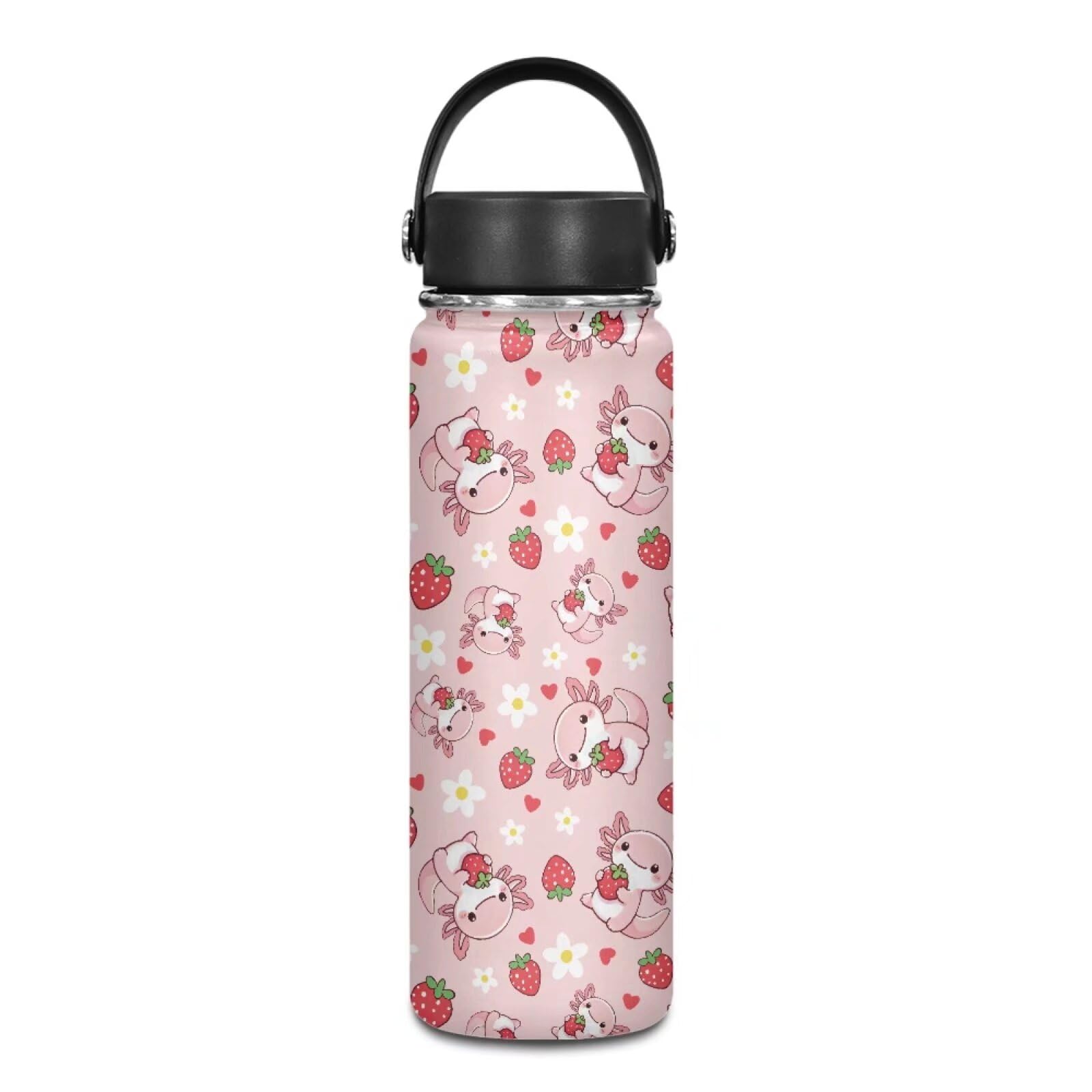 Hinthetall Kids Insulated Water Bottle with Lid -20 Oz Vacuum Stainless Steel Reusable Leak Sweat Proof Gym Sports Travel Water Bottle for Women Men, Floral Strawberry Axolotl