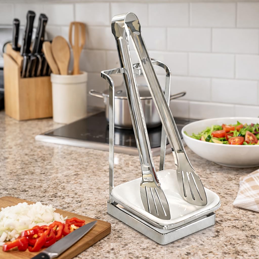 Poggiapiedi con pinza inclusa | Supporto da cucina in acciaio inox con piatto in ceramica | Design verticale antigoccia | Argento (SILVER)