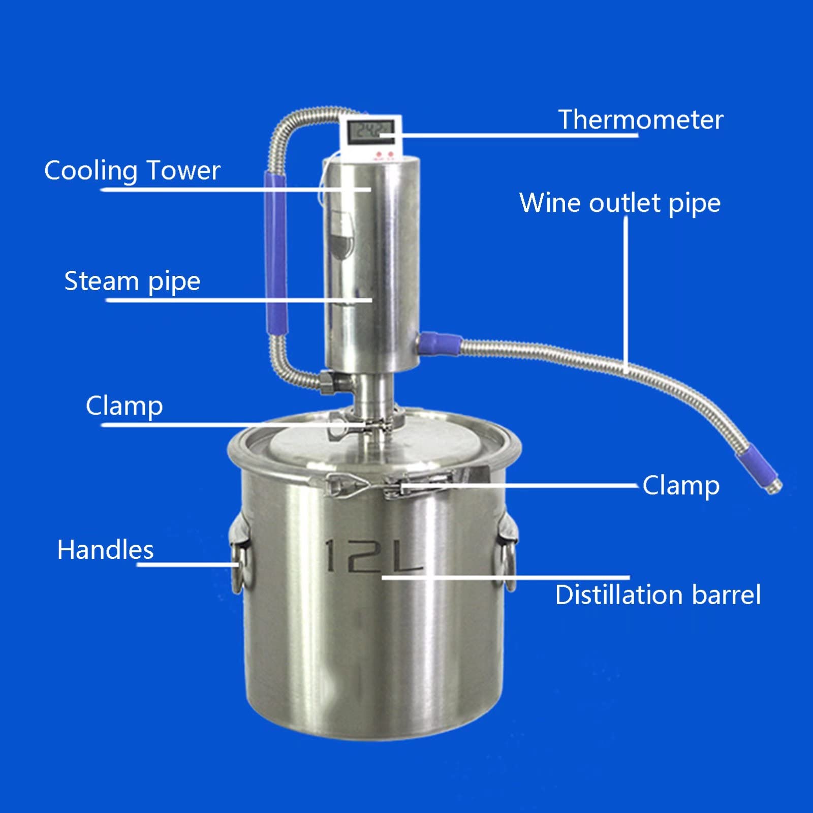 Genérico Destilador MultifuncióN De 12L Olla De DestilacióN De Acero Inoxidable Kit De ElaboracióN Casera con TermóMetro para Whisky Vino Brandy DIY
