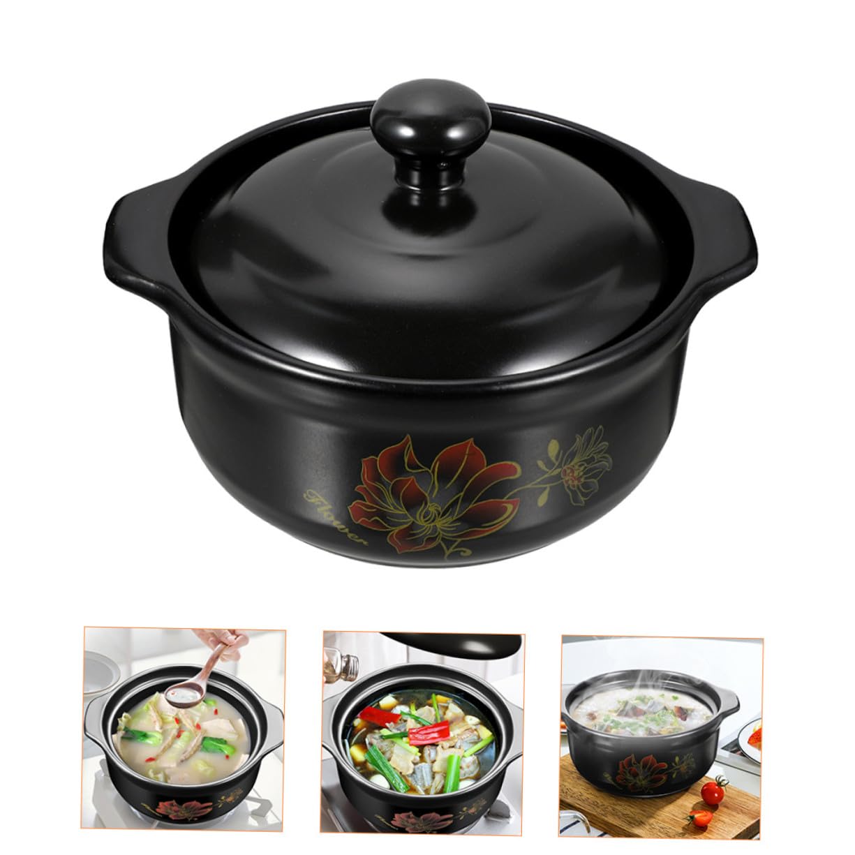 ULTECHNOVO Olla de Cerámica para Guisar Comida Tapa, Capacidad 1600ml, Ahorro de Energía y Doble Asa, Apta para Cocina Doméstica y Gas