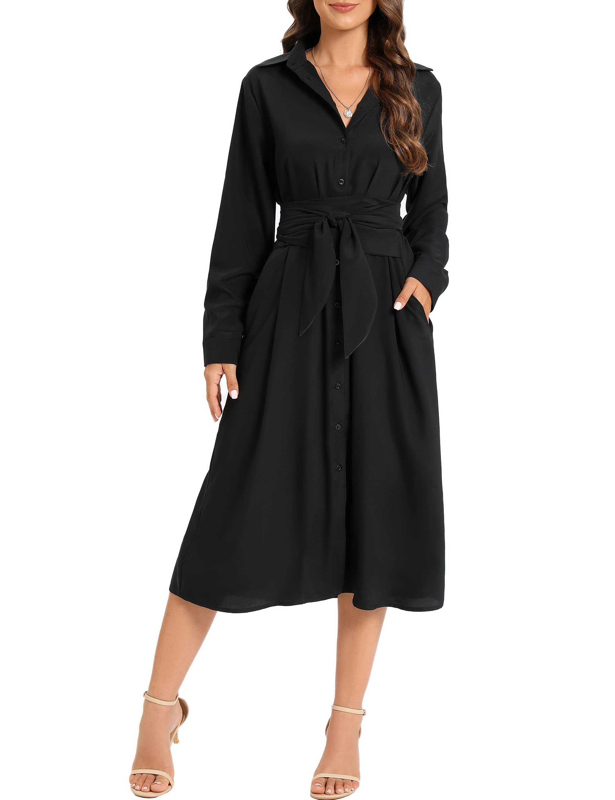 MANAIXUAN Women's Casual Flowy Tie Waist Button Down Long Sleeve Midi Shirt Dress
