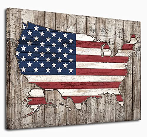 Stampa artistica da parete su tela con bandiera americana vintage, a forma di mappa rossa, bianca e blu, immagine patriottica degli Stati Uniti, opera d'arte su tela effetto legno per soggiorno,