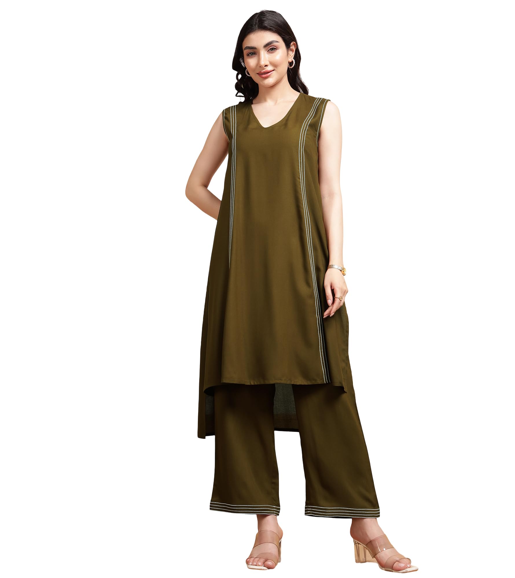 Women's Solid Rayon Ankle Length Tunic & Trouser|V-Neck|Sleeveless|Cord Set For Women Fashion|Long Jumpsuits Western Dress for Women Stylish|Two Piece Co ord Set|Party Casual Wear(Olive Green)