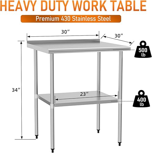 Miniatura 9 de Mesa de preparación y trabajo de acero inoxidable con estante ajustable y salpicadero, isla de cocina con almacenamiento, estaciones de trabajo