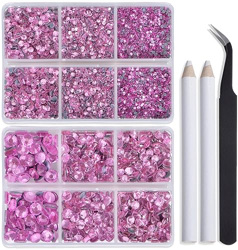 Image of Bymitel Hotfix Crystal Rhinestones Round Gems for Crafts,Mixed 6 Sizes with Wax Pencil Kit, Lt. Rose 1.6-6.3mm SS4-SS30 /8000pcs