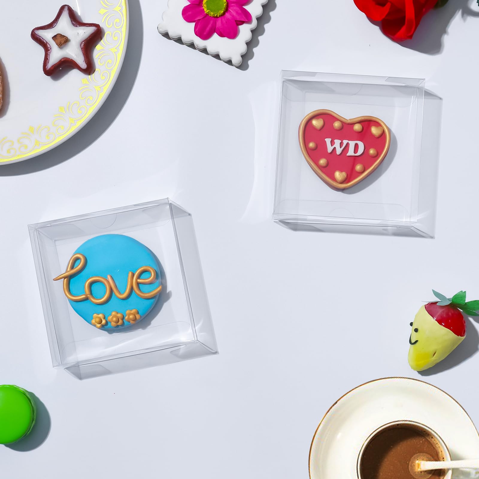 TEMLQPACK Confezione da 100 scatole singole trasparenti per biscotti, 10,2 x 10,2 x 3 cm, piccole scatole da forno, macaron, brownie, scatole per pasticceria, per Pasqua, mamma, papà, Natale,
