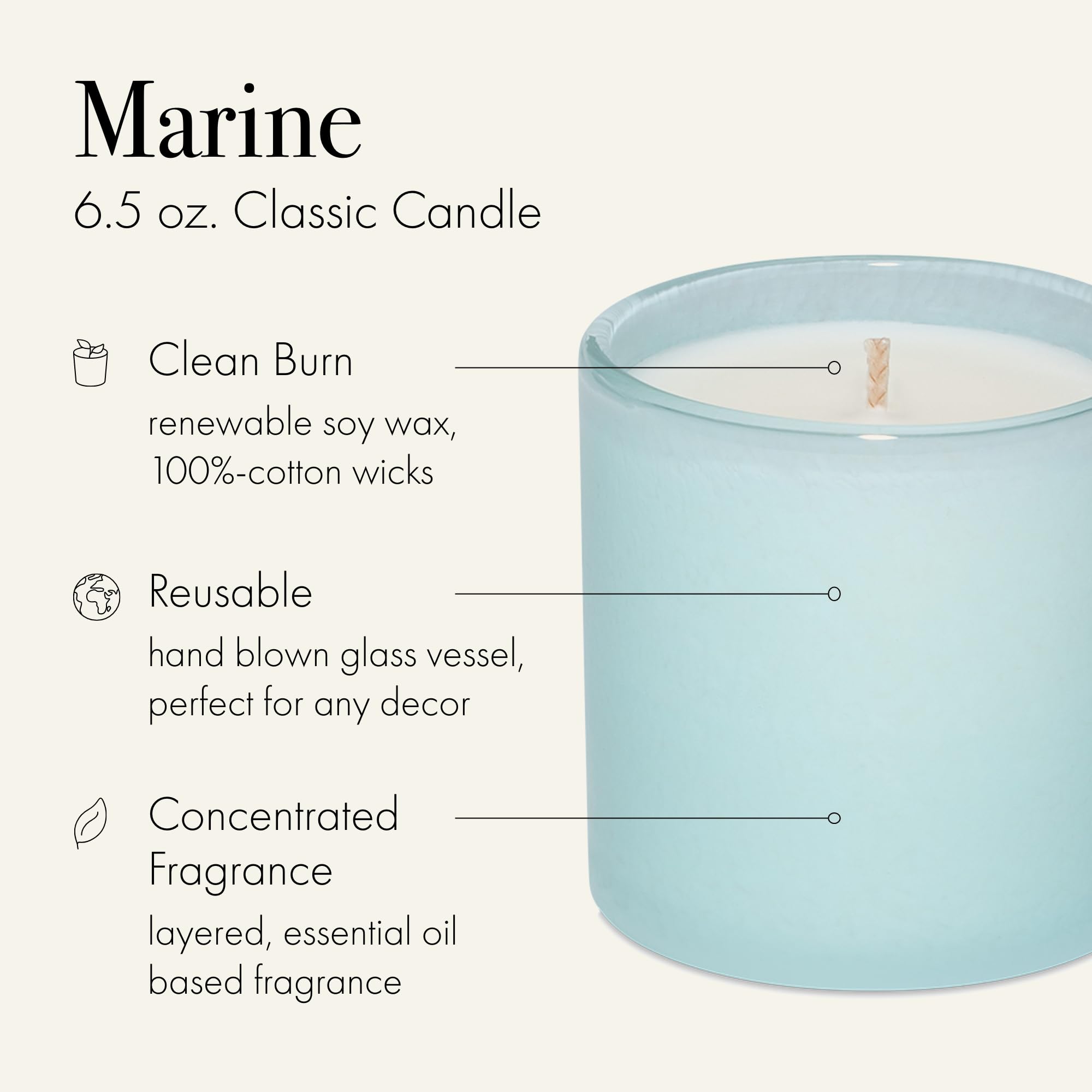 LAFCO New York Classic Candle, Marine - 6.5 oz - 50-Hour Burn Time - Reusable, Hand Blown Glass Vessel - Made in The USA