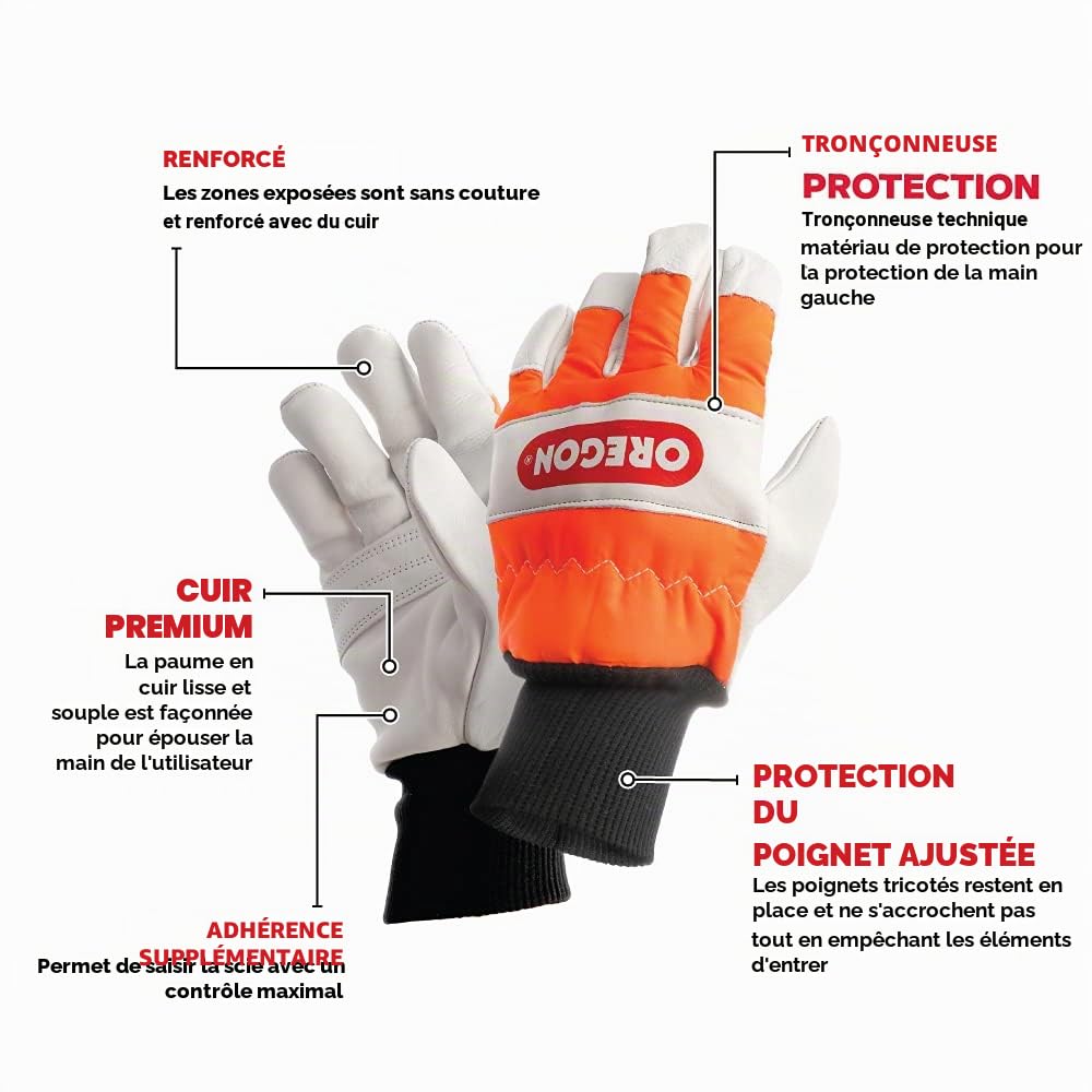 OREGON Yukon Casque de Sécurité pour Tronçonneuse avec Protections Auditives et Visière en Maille d'acier (562412) & Gants de Sécurité en Cuir pour Tronçonneuse, Protection de la Main Gauche,Orange