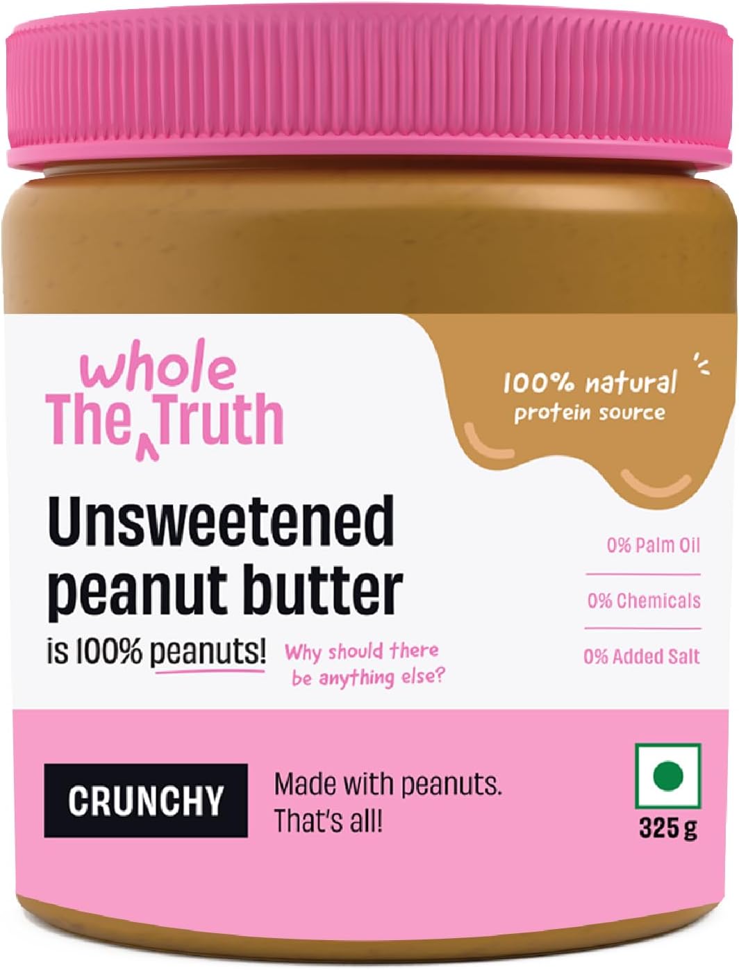 The Whole Truth - No Added Sugar Peanut Butter - Crunchy - 325g - Unsweetened - Gluten Free