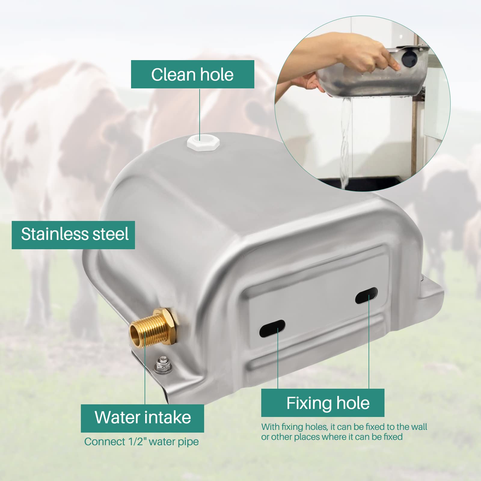 Bebedero para Caballos de Acero Inoxidable con VáLvula de Flotador de LatóN Ajustable de 1/2 "Y Orificios de Drenaje para Caballos, Vacas, Cerdos, Cabras, Ovejas, Bebederos para Perros