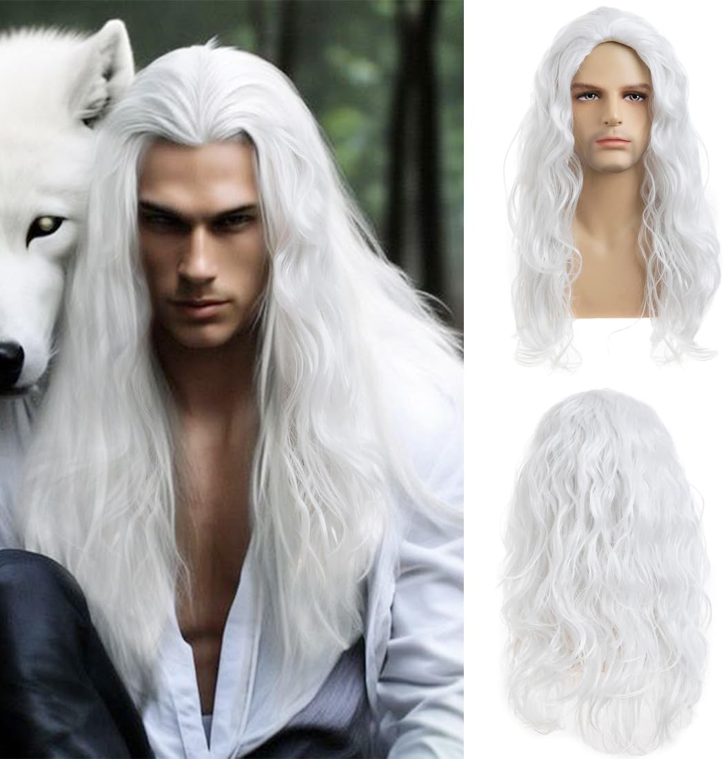 Sallcks Mens White Wig Long Curly Wavy Wig for Men Middle Part Synthetic Heat Resistant Hair Wigs for Daily Party Costume Halloween
