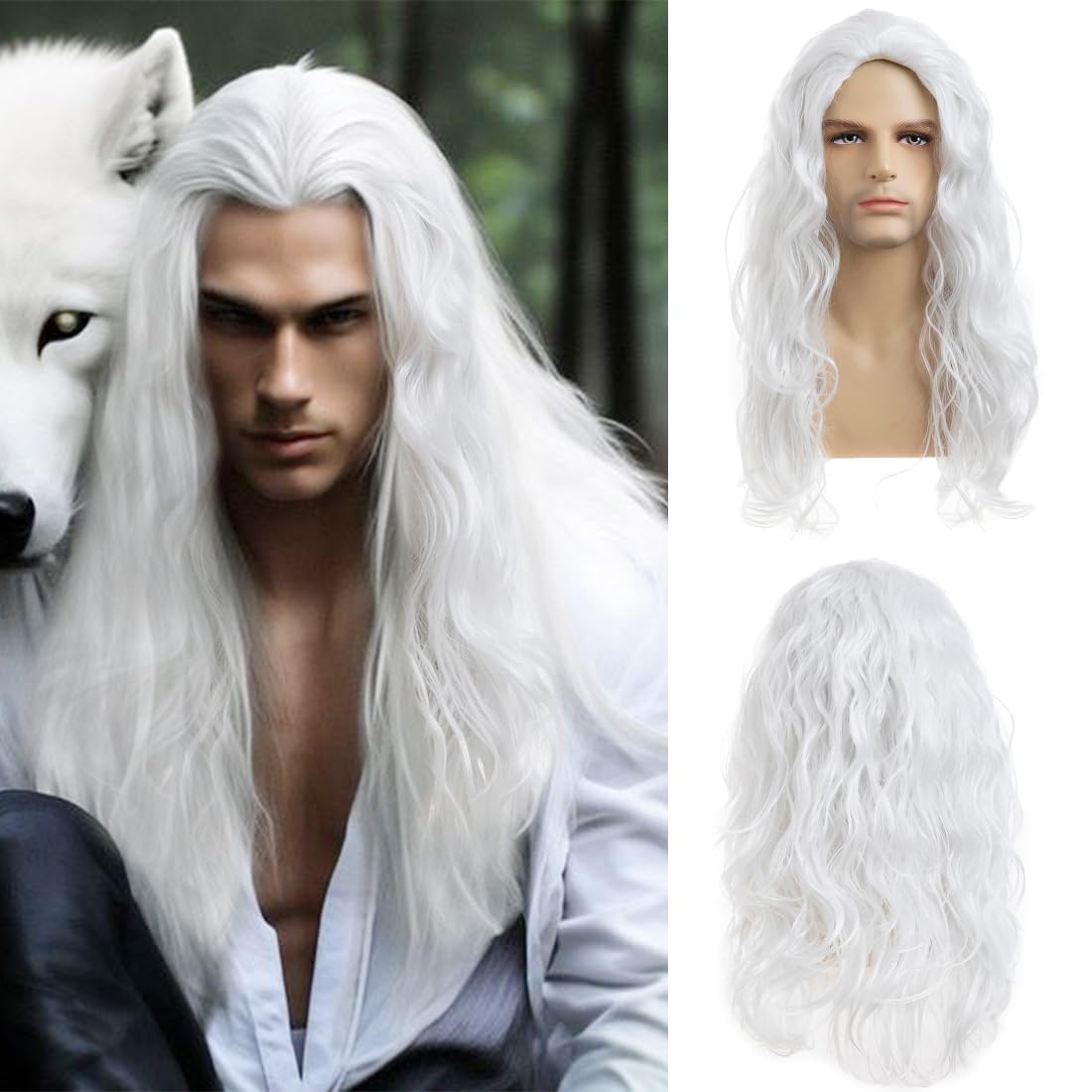 Sallcks Mens Brown Long Curly Wavy Wig Natural Looking Synthetic Wigs for Party Costume Halloween