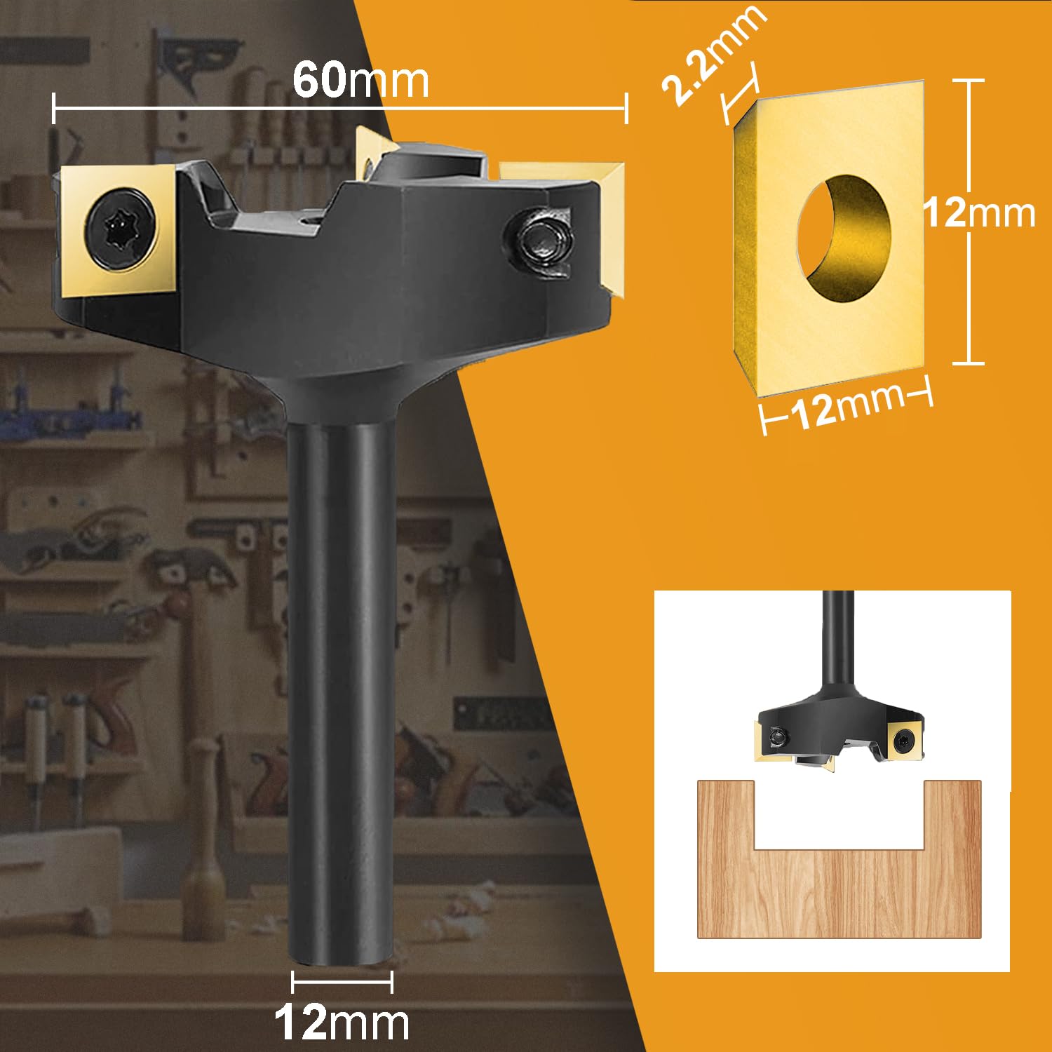 SpeTool Fresa per Spianare Legno - Diametro Gambo 12mm, Taglio 60mm - 3 Inserti in Carburo di Tungsteno - Fresatrice Verticale CNC con Rivestimento ATS