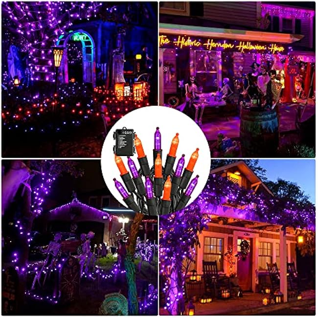 TW SHINE Battery Operated Halloween Lights, 2 Pack Total 100 LED 32 FT Orange and Purple Lights Outdoor, Waterproof Mini String Light with 8 Modes, Halloween Decorations for Indoor Patio Party Decor