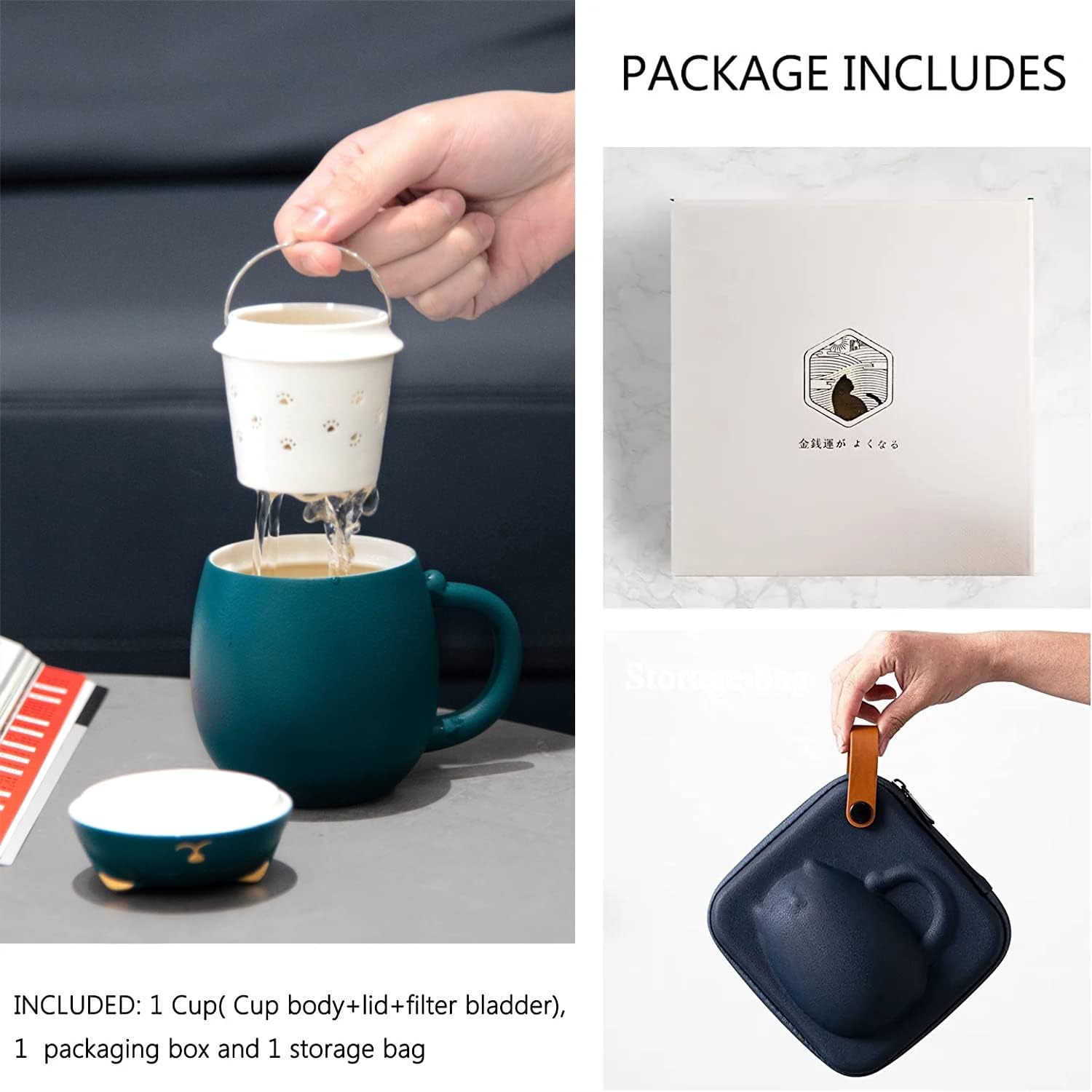 Ceramic Tea Mug with Infuser and Lid, Cat Design Handmade Porcelain Tea Cup Strainer With Portable Shockproof Storage Case for Travel Office Home,Wife Girlfriend Gift - Green - Image 5
