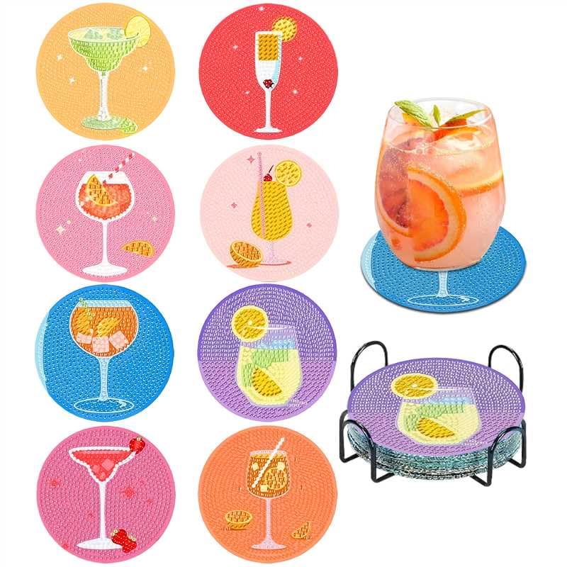 8 Pièces Diamond Painting Dessous de Verre avec Support, Peinture Diamant Dessous de Verre à Cocktail,Diamond Painting Bricolage pour Tasses, Verres à vin,...