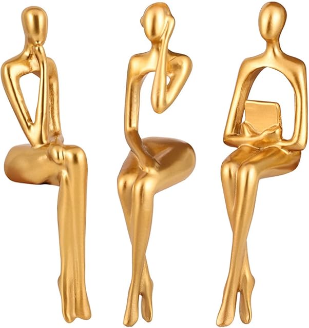 DRBIT 3Pcs Thinker Statue Gold Decor Abstract Art Gold Figurines Golden Resin Bookshelf Decor Collectible Decorative Sculpture for Home Office Living Room Table Desktop Decor ZHAO