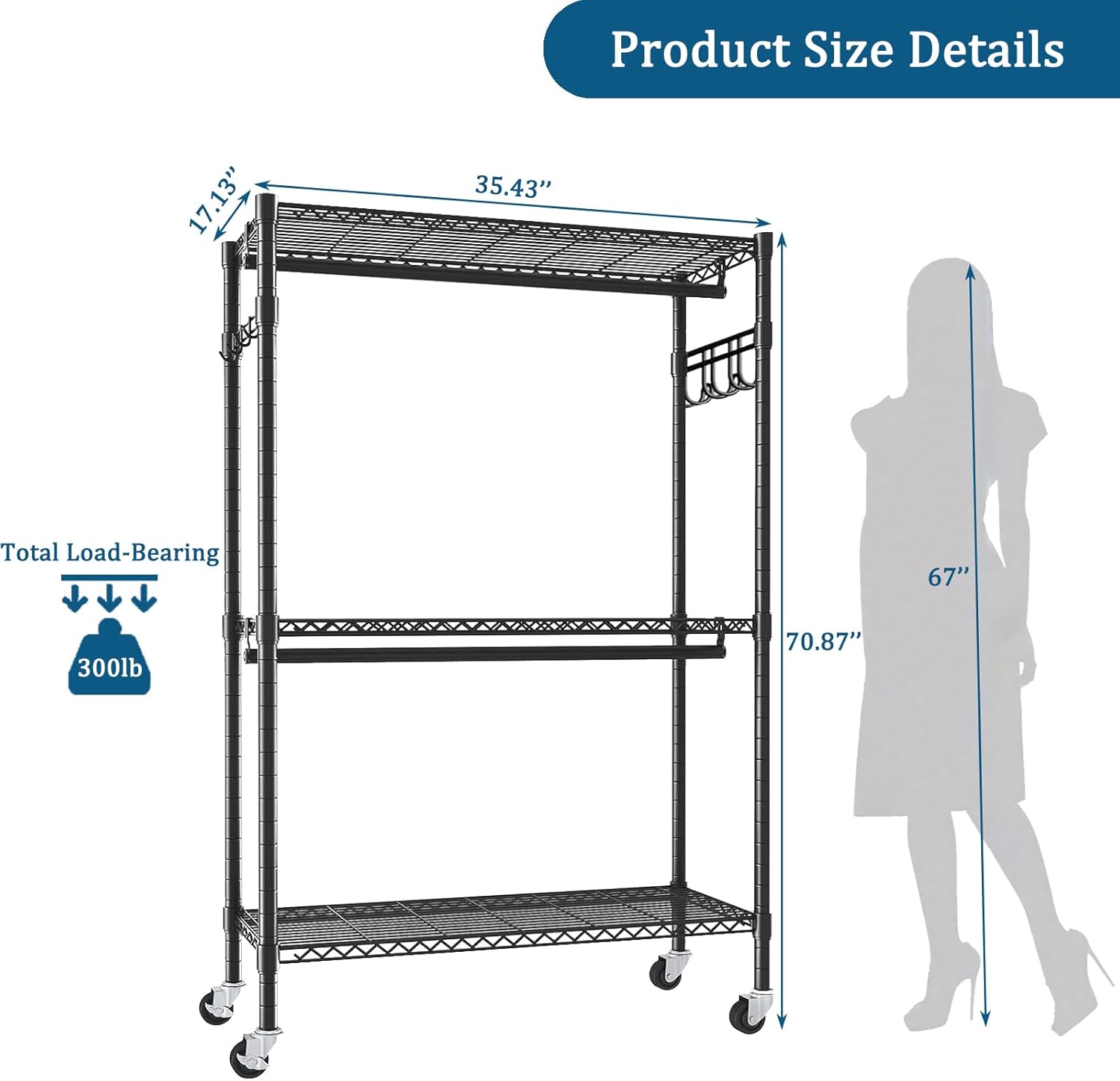 Mobile Display Rack for Retail & Boutique - Heavy Duty Rolling Clothes Rack with 3 Shelves & 2 Rails, Adjustable for Merchandise, Sales & Events