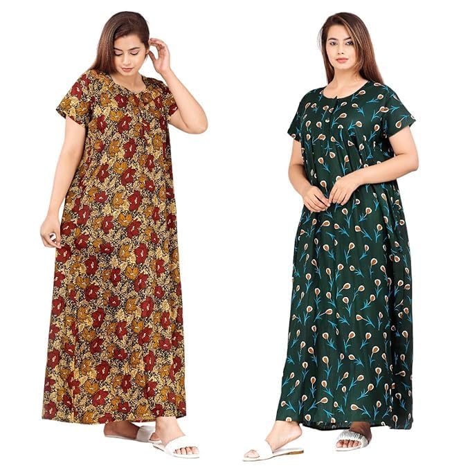 Image of NILOUFO Women's Cotton Printed Maxi Nighty - Pack of 2 | Soft Ankle-Length Sleepwear Gowns for Women | Free Size Night Dresses (Green,Brown, Free Size)