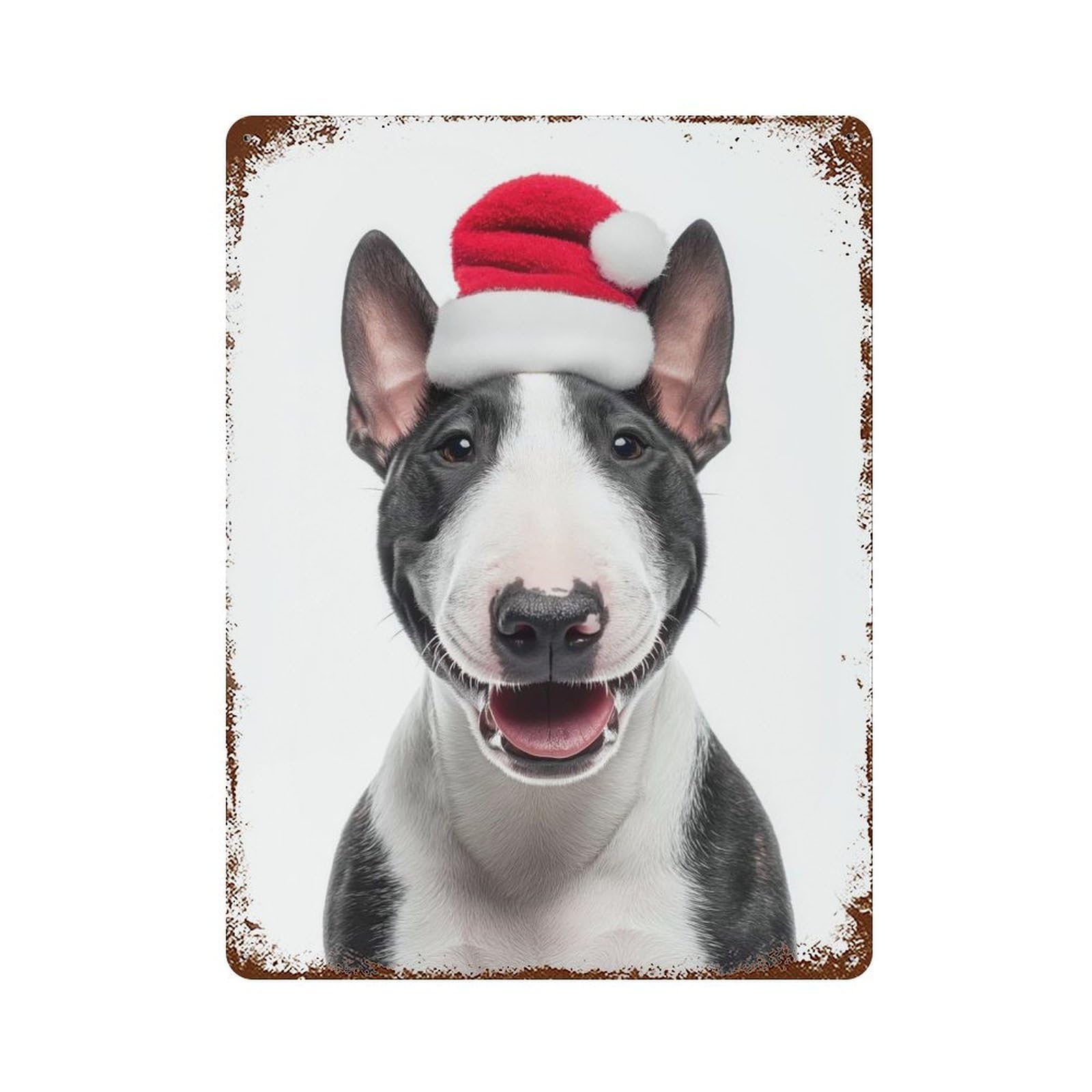 Festive Miniature Bull Terrier with Santa Hat 15.7"x11.8" Aged Metal Wall Plaque, Retro Wall Decor for Farmhouse, Kitchen And Entryway Decor