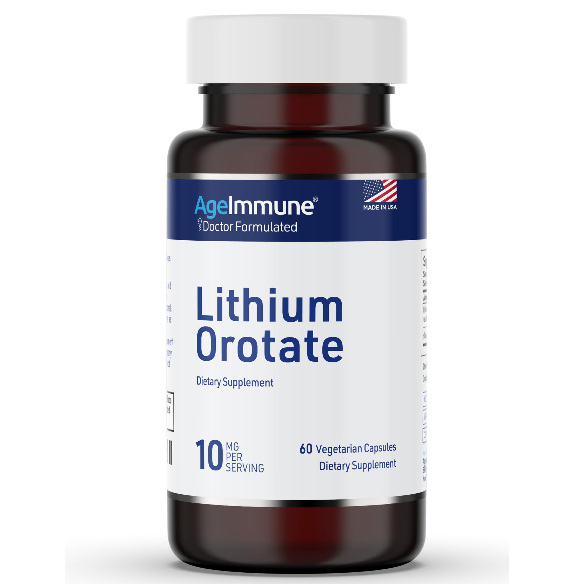 AgeImmune Lithium Orotate Supplement 10mg, 60 Vegetarian Capsules. Supports Memory and Emotional Wellness. Magnesium Stearate Free Supplements. (1)