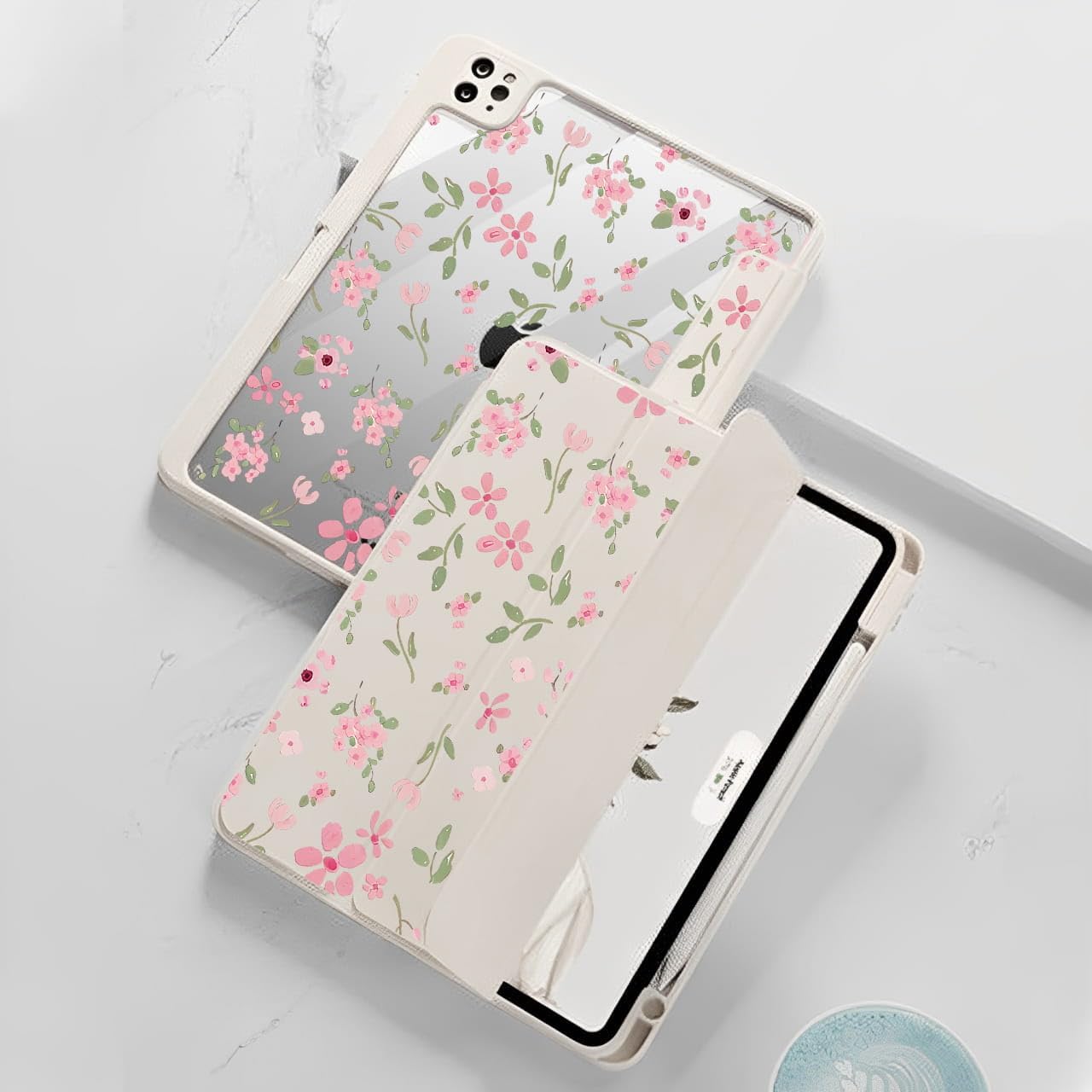 iPad Clear Case for iPad Pro Generation 11Inch 2018/2020/2021/2022 /for iPad Air 4/5/6/7 10.9 Inch with Pencil Holder-[Auto Wake/Sleep], Trifold Stand Soft TPU Protective Cover, Cherry Bows