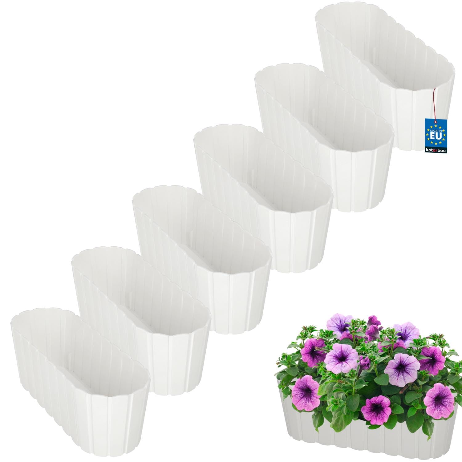 KOTARBAU® 6er Set Blumenkasten Balkon - Blumentopf - 40x13x13cm Weiß - Pflanzkübel - Pflanzkasten - Pflanzentopf - Kunststoff - Balkonkasten - Rustikal - Übertopf groß