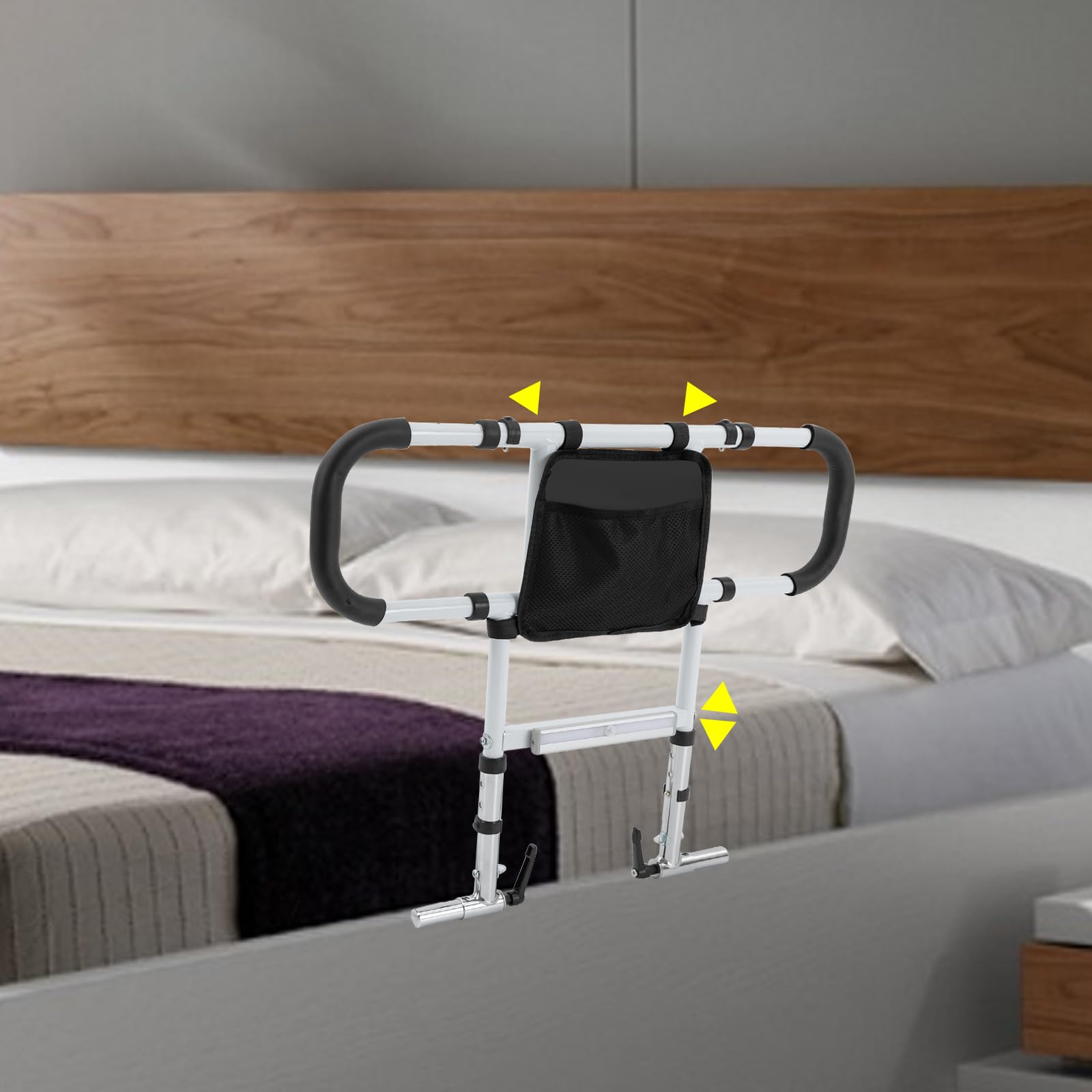 HANGKAI Barandilla de cama anticaída ajustable en altura y longitud, Asidero para Cama, Riel auxiliar plegable con luz de sensor, Barandilla de seguridad para personas mayores, discapacitados