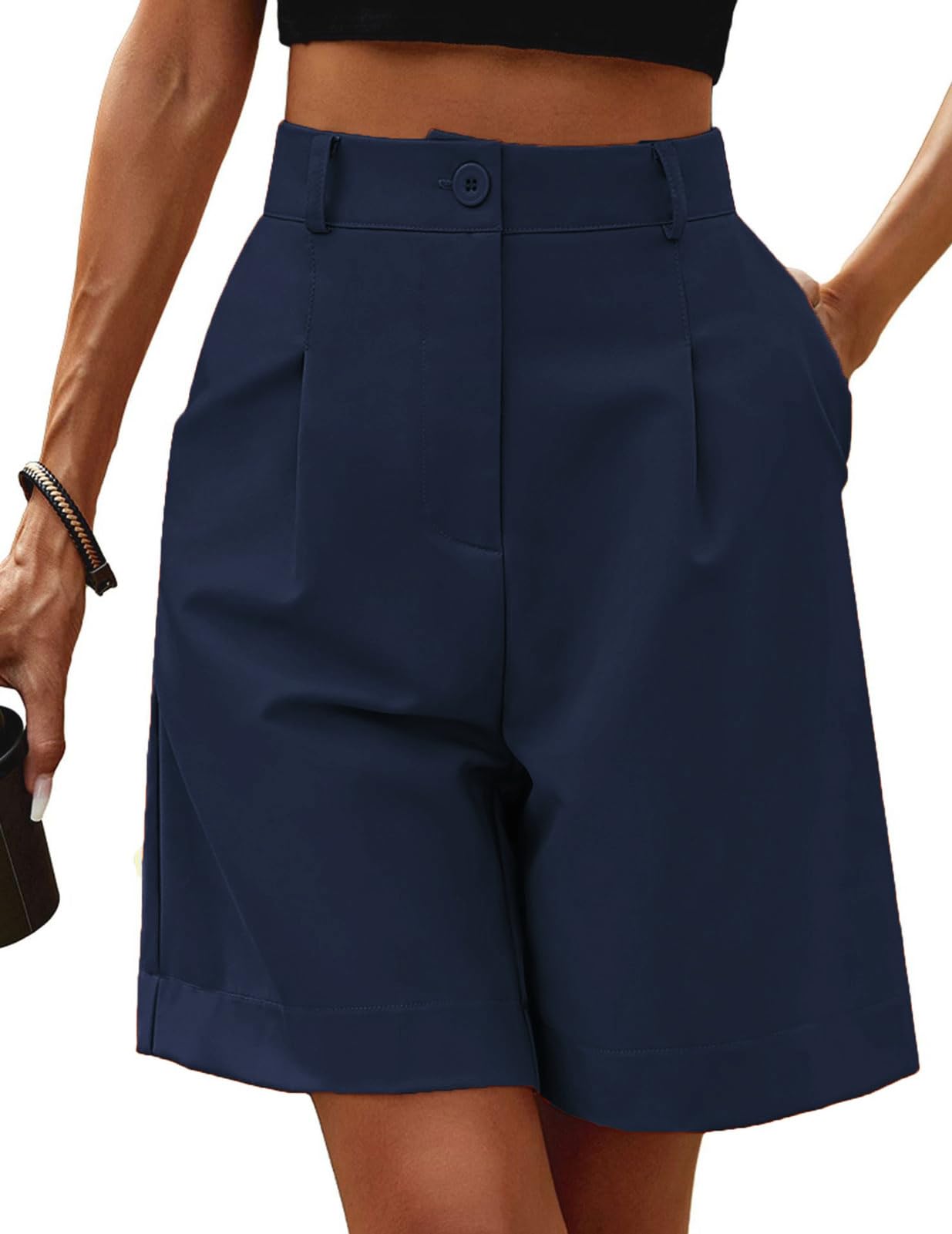 Neecan Women's Casual Bermuda Shorts Elastic Waist Wide Leg Knee Length Summer Shorts with Pockets