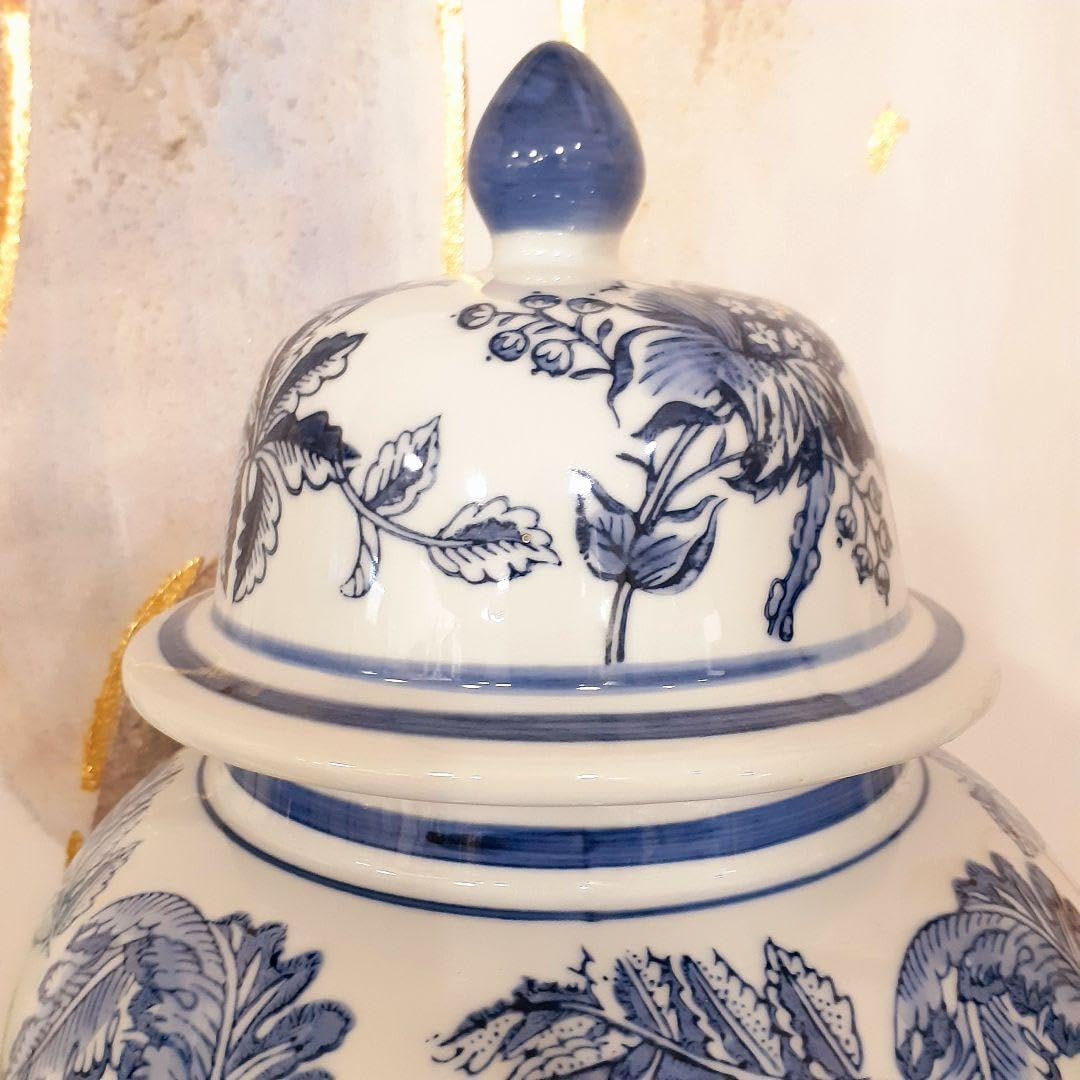 輸入雑貨 シノワズリ 『青白陶器蓋付大壷』 陶器 花柄 ホーム＆キッチン