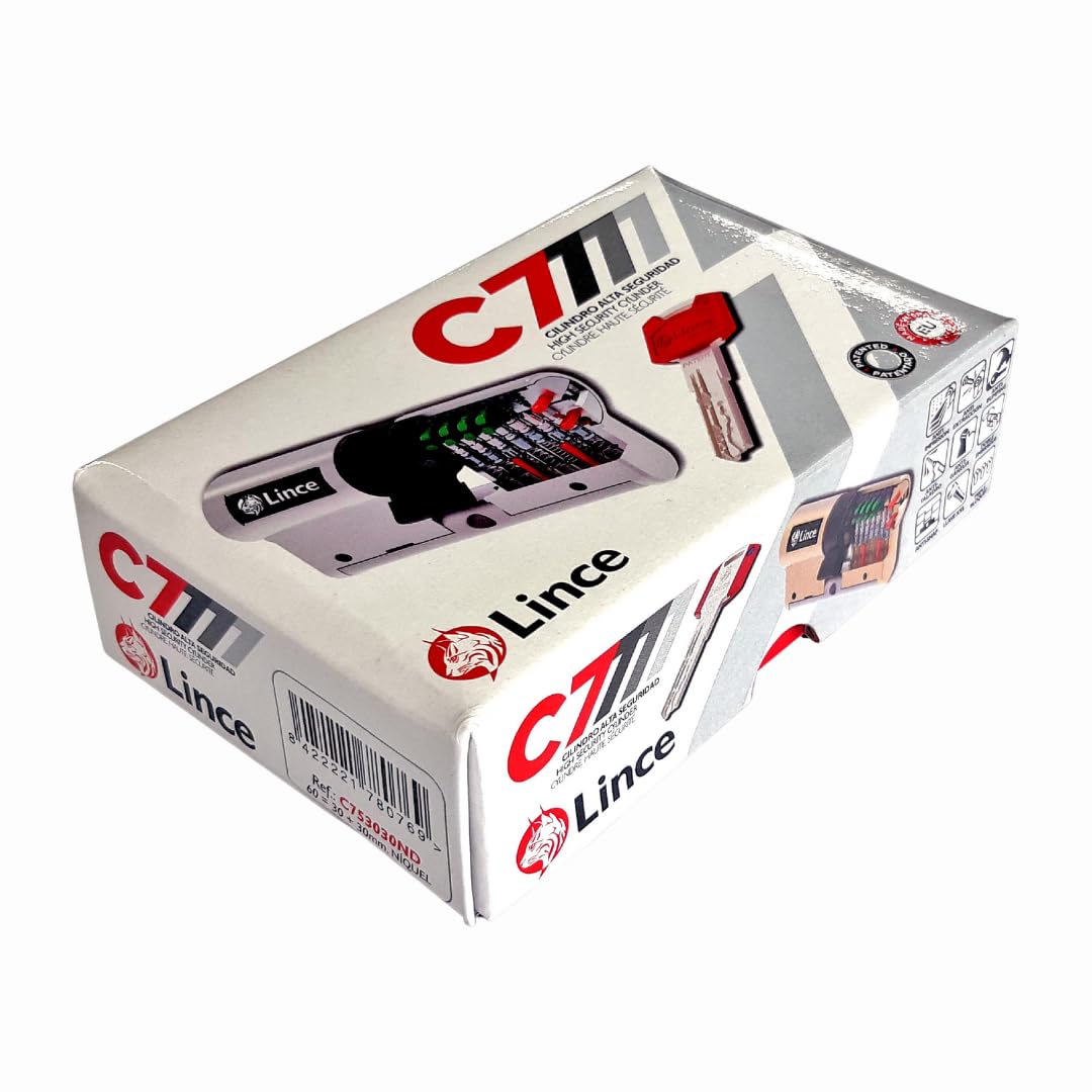 Cilindro de alta seguridad LINCE C7 L30+30, triple bloqueo patentado, anti-golpes, anti-rotura, función desbloqueable (antipánico), 5 llaves reversibles, certificado EN 1303:2016. | Triple bloqueo patentado, anti-bumping, anti-rotura, función antipánico y