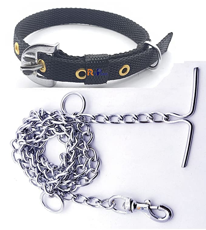 Pups&Pets Non-Toxic Heavy Duty Combo Pack of Stainless Steel 5 Feet Long Leash Chain with 12-16 Inch Adjustable Nylon Collar Belt Set Ideal for Small and Medium Dogs (Black) (B0C5VR6FR2) Amazon Price History, Amazon Price Tracker