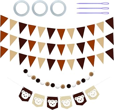 Yitexin 3 Pieces Brown Felt Pennant Banner Flags, Party Pom Pom Garland Decoration, Fabric Bear Pattern Bunting Banner Triangle Flag for Birthday Shower Wedding Home Room 3 Pieces